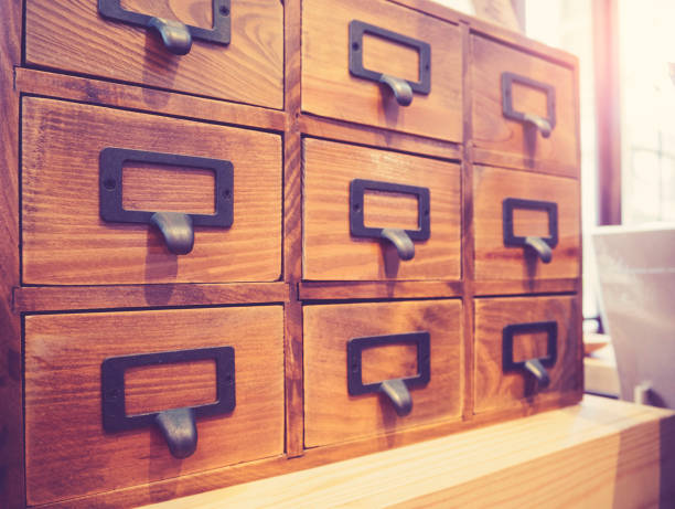 istock Wooden Drawer Metal tag name Vintage object 645023886
