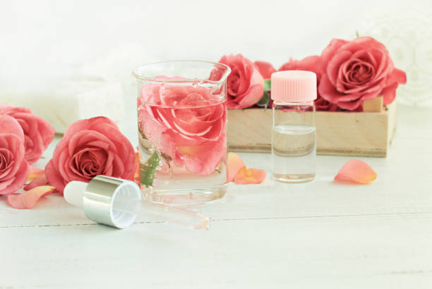 Homemade rose facial tonic. Glass jar of flower attar, bottle, pippette. Aromatic and chemical-free morning cleansing freshness. Soft focus and light. flowering plant stock pictures, royalty-free photos & images