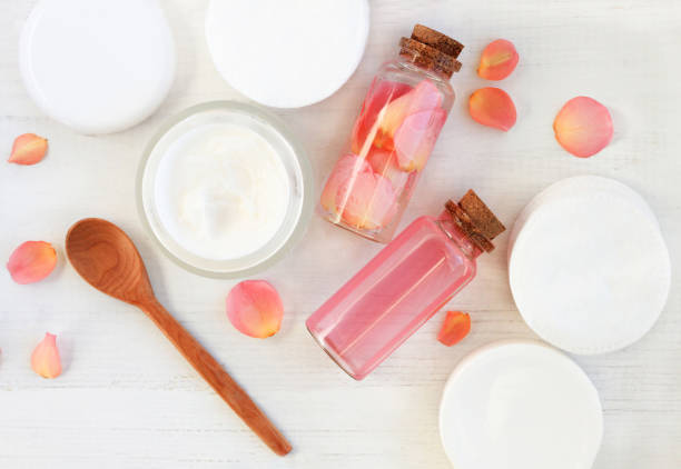 istock Handmade rose extract cosmetic products with fresh flowers. 645045256