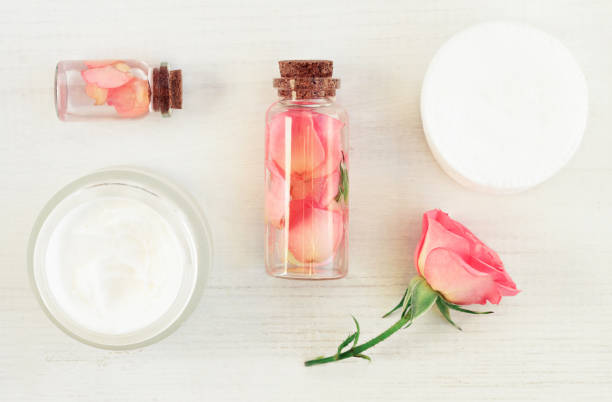 istock Set of aromatic rose botanical cosmetic products 645045426