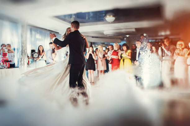 Happy bride and groom their first dance