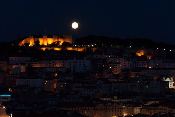 The lisbon castle during a huge full moon, seen from the opposite viepoint at bairro alto