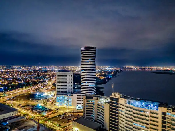 Aerial view night scene of Guayaquil city from Cerro Santa Ana viewpoint