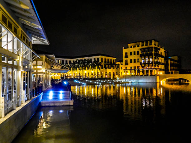 Night view of corridors in modern apartment courtyards
