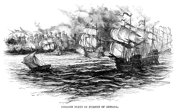 English fleet in pursuit of the Spanish Armada The English fleet in pursuit of the Spanish Armada during the abortive attempt by Spain to invade England in 1588. From “The Sunday at Home: A Family Magazine for Sabbath Reading, 1888”. Published in London by the Religious Tract Society. armada stock illustrations