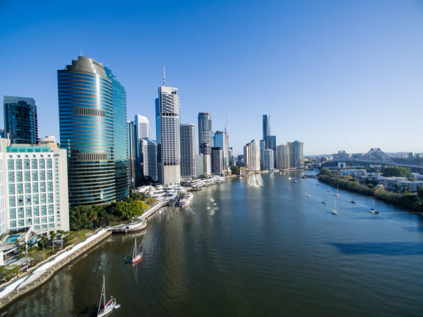 Brisbane City aerial view An aerial view of the Brisbane CBD and the Brisbane river including the Story Bridge story bridge photos stock pictures, royalty-free photos & images