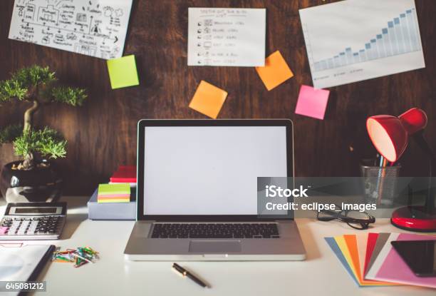 Desk In Office Stock Photo - Download Image Now - Adhesive Note, Chaos, Desk