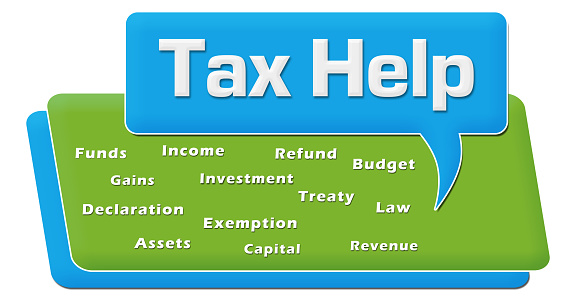 Tax help text with related word cloud over blue background.