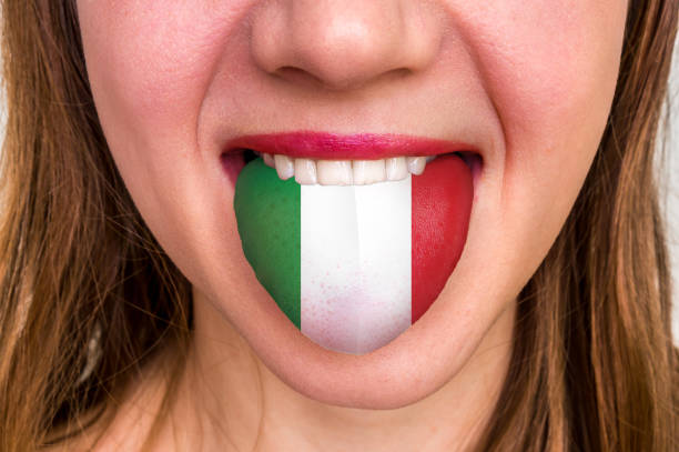 woman with italian flag on the tongue - foton med speaker bildbanksfoton och bilder