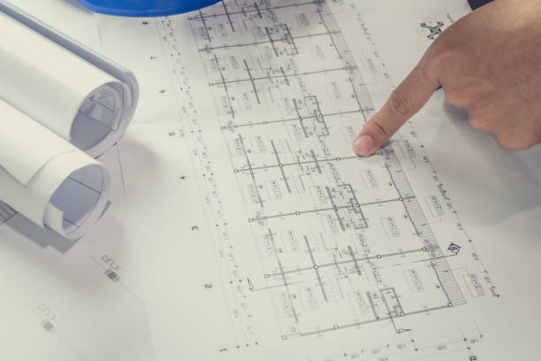 エンジニア リング図青写真紙製図プロジェクト スケッチ - drafting men office sketching ストックフォトと画像