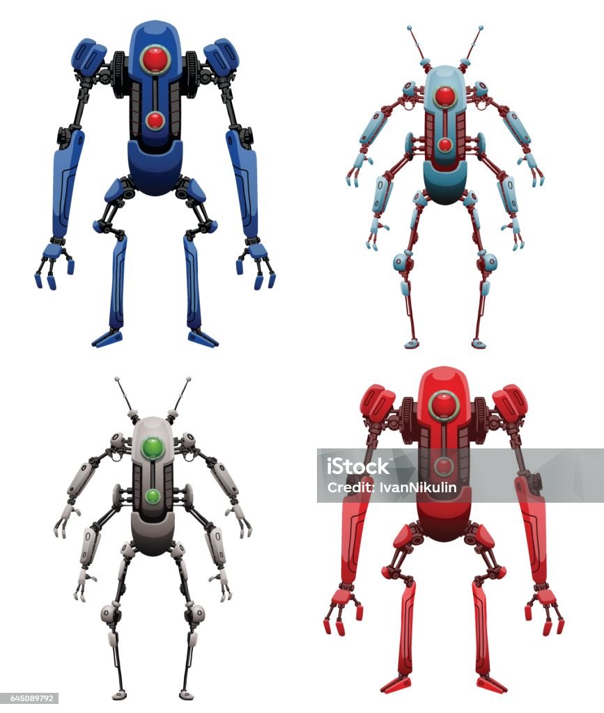 Set of funny thin robots Vector set of funny thin blue, light blue, white, red robots with two arms and legs, with a lens in the center of the body standing on a white background. Future, technology. Vector humanoid robot. Bright stock vector