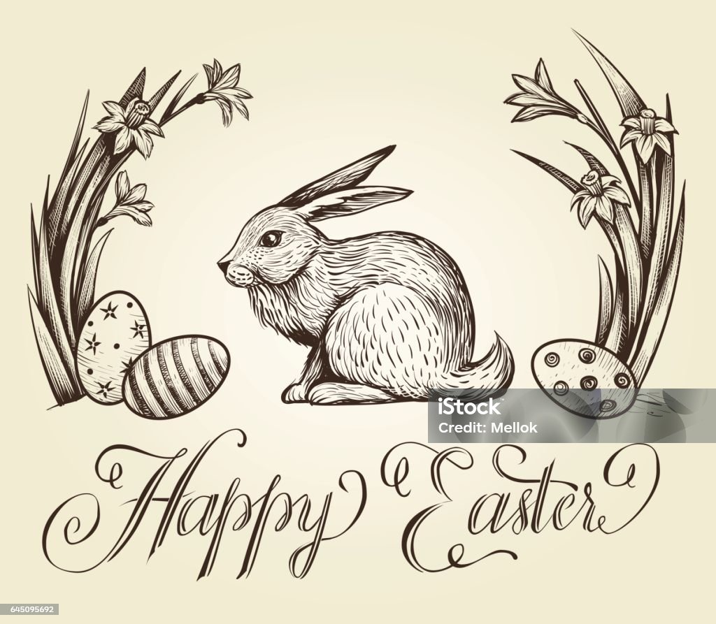 Easter Vintage Hand Drawn Illustration Happy Easter Lettering Card ...