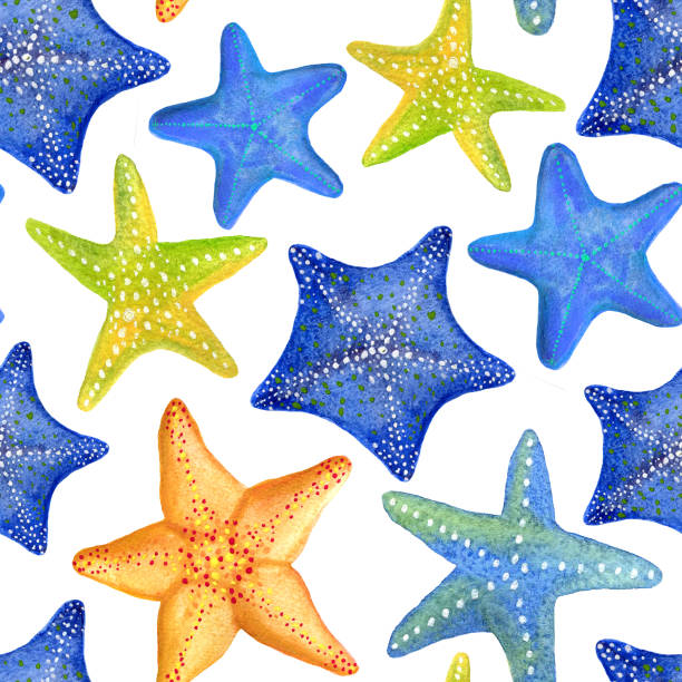 Seamless watercolor pattern with marine starfish. Can be used for fabric, wallpaper, background Seamless watercolor pattern with marine starfish. Can be used for fabric, wallpaper, background shell starfish orange sea stock illustrations