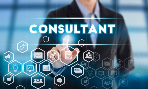 istock Businessman hand pressing button consultant. sign on virtual screen. 645117372