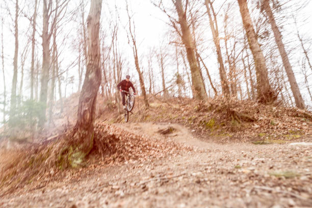 istock Mountain biker jumping over roots in the forest 645125264