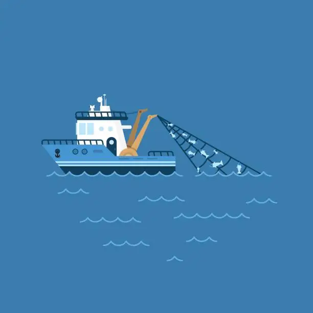 Vector illustration of vector illustration of a fishing boat, fishing ship with a catch in the network sails on the sea