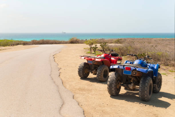 caribbean road trip - off road vehicle quadbike desert dirt road imagens e fotografias de stock