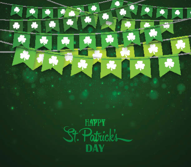 istock Green festive bunting with clover on dark green background. Irish holiday - happy Saint Patrick's Day backdrop with garland flags. 645160836