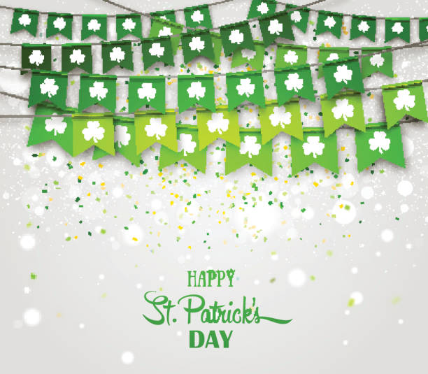 istock Green festive bunting with clover on gray background. Irish holiday - happy Saint Patrick's Day backdrop with garland flags. 645160840