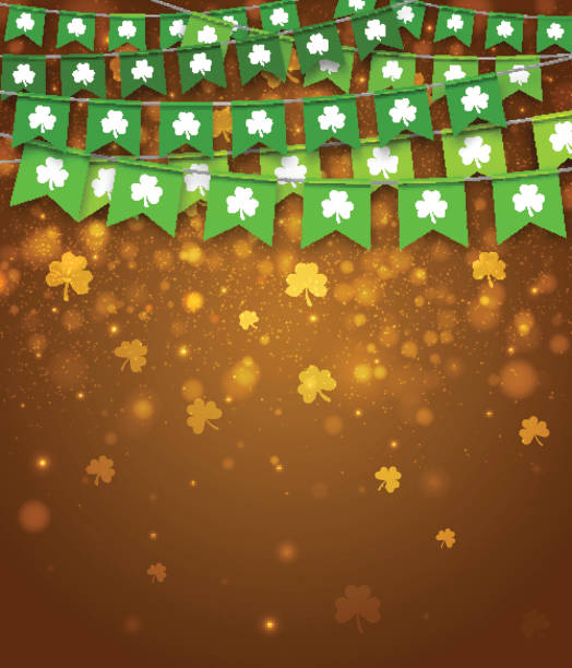 istock Green festive bunting with clover on brown background. Irish holiday - happy Saint Patrick's Day backdrop with garland flags. 645161008