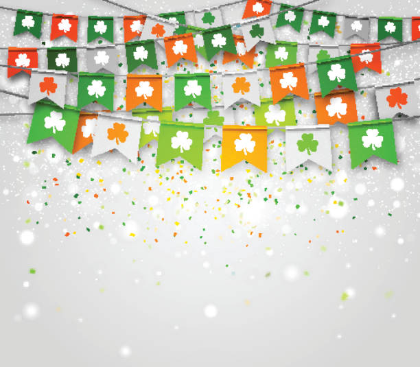 istock Multicolored festive bunting with clover on gray background. Irish holiday - happy Saint Patrick's Day backdrop with garland flags. 645161100