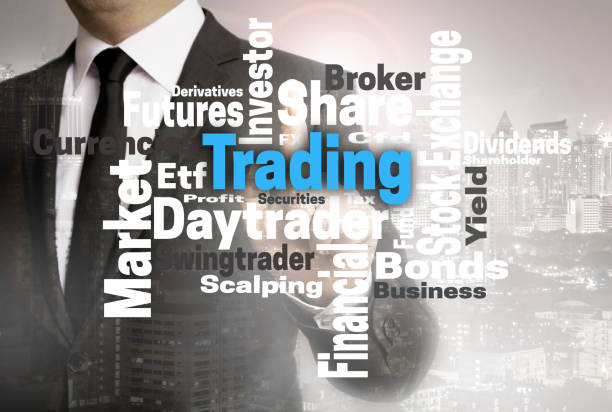 istock Trading wordcloud touchscreen is shown by businessman 645161414