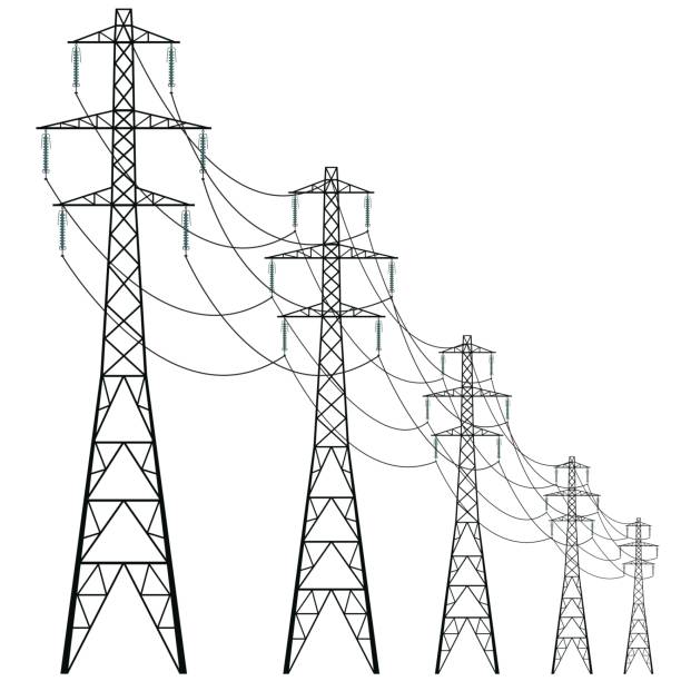 Vector cooling tower of powerhouse. Concrete thermal power plant tower. Vector high voltage pylons on white background. Isolated colonnade of metal poles voltage. Surface industrial illustration. Power line pylons with safety locks. Nuclear facilities and power arteries. electrical tower illustration stock illustrations