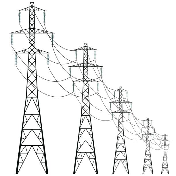 Vector cooling tower of powerhouse. Concrete thermal power plant tower. Vector high voltage pylons on white background. Isolated colonnade of metal poles voltage. Surface industrial illustration. Power line pylons with safety locks. Nuclear facilities and power arteries. power mast stock illustrations