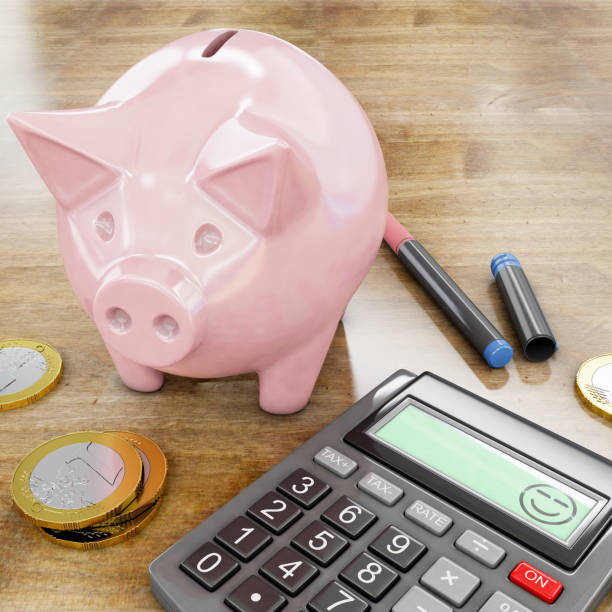 istock happy calculator and piggy bank, 3d rendering 645165320