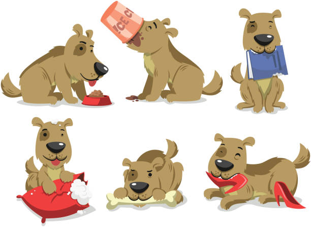 messy dog eating things vector art illustration