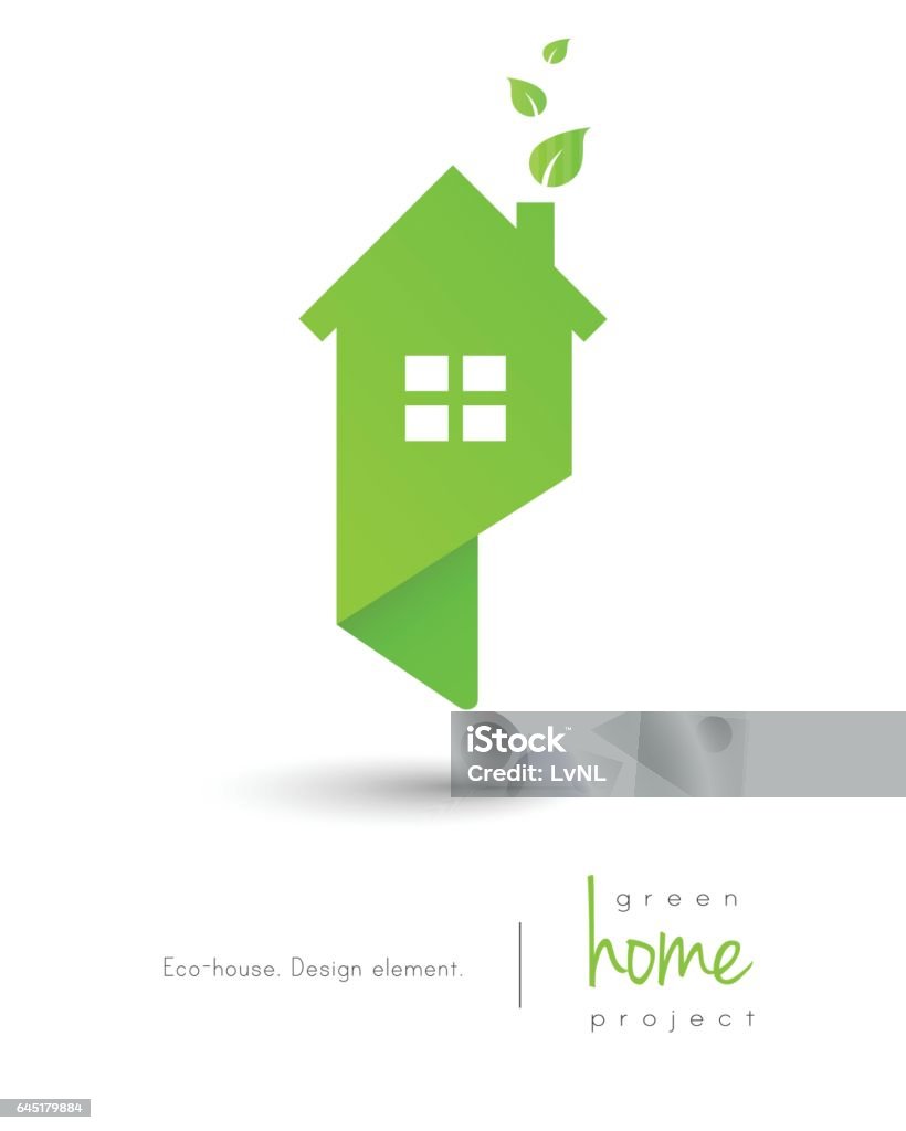 Eco-friendly house Eco-friendly green home with leaves leaving through the chimney as map pin design House stock vector