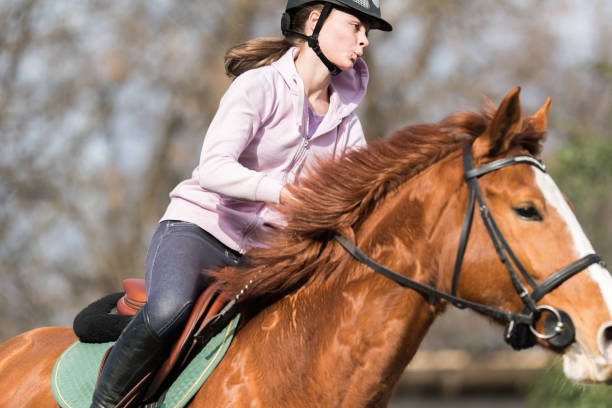 istock Young pretty girl riding a horse 645183174