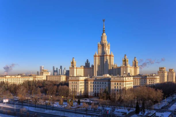 Sunrise campus of Lomonosov Moscow State University in winter A colourful picture of the sunrise campus and main building of Lomonosov Moscow State University in winter morning. mikhail lomonosov stock pictures, royalty-free photos & images