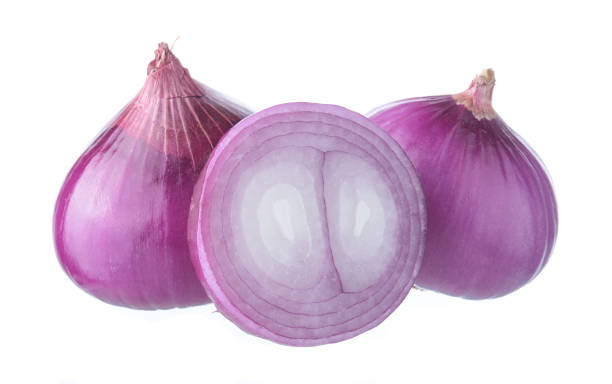 istock Slice of red onion isolated on white background. 645196606