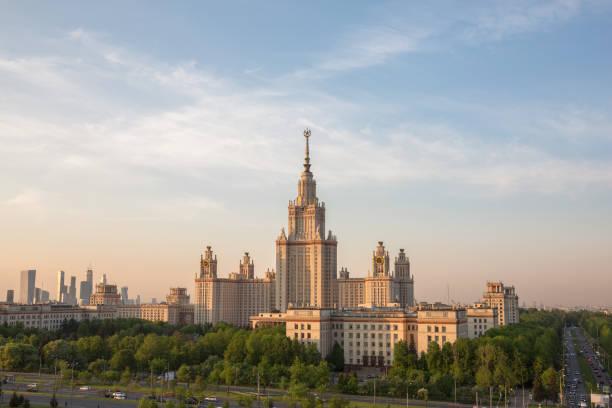 Spring sunset campus of Lomonosov Moscow State University under sunny sky