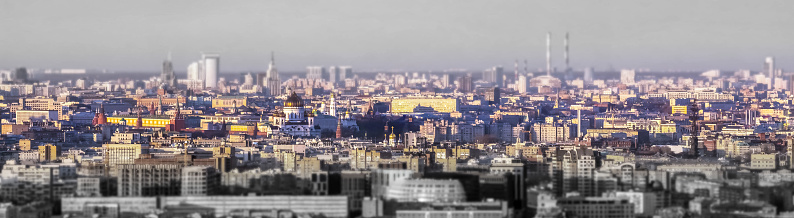 Long distance selective color panoramic view of the center of Moscow before sunset