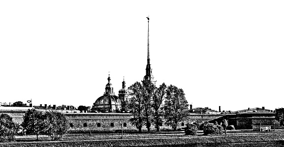 A black and white sketch wide angle view of the Peter and Paul fortress side of Saint Petersburg in summer by digital painting.