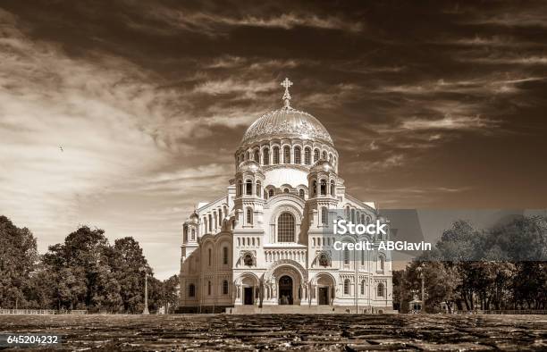 The Naval Cathedral Of Saint Nicholas In Kronstadt Under Summer Sky In Sepia Palette Stock Photo - Download Image Now