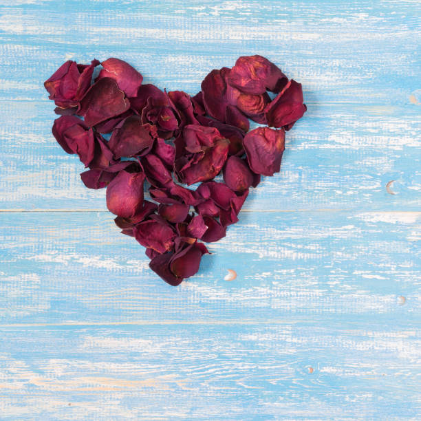 istock Rose petals in a heart shape on the vintage table. 645207712