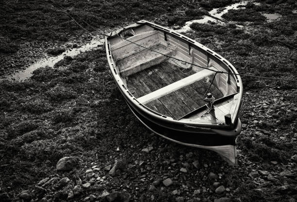 istock Small wooden rowboat moored at low tide 645215442