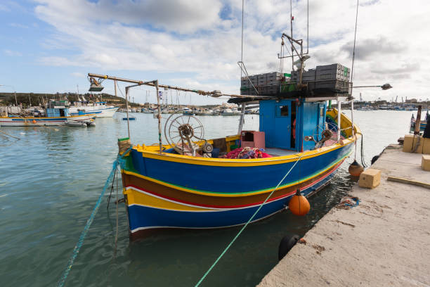 Close-up of a colorful Maltese luzzu eye at Marsaxlokk