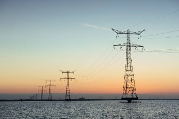 istock Electric poles in the water at sunset 645236686