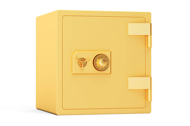 ilustraciones, imágenes clip art, dibujos animados e iconos de stock de oro caja fuerte de combinación, render 3d - caja de seguridad