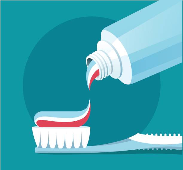 칫 솔 질 치아입니다. 치약 튜브에서 나오는의 근접 촬영 - toothbrush stock illustrations
