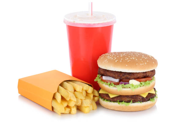 istock Double burger hamburger and fries menu meal drink isolated 645260522