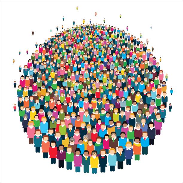 Large group of stylized people in the shape of a circle. Multicolored vector illustration. population explosion stock illustrations