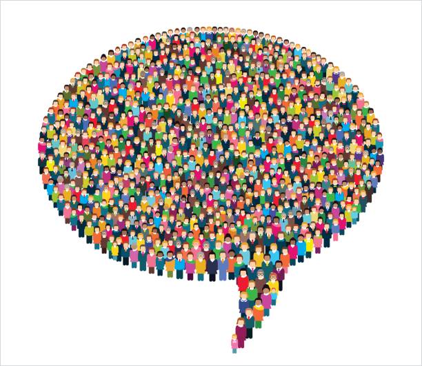 Large group of stylized people in the shape of a speech bubble. Multicolored vector illustration. crowd of people icons stock illustrations