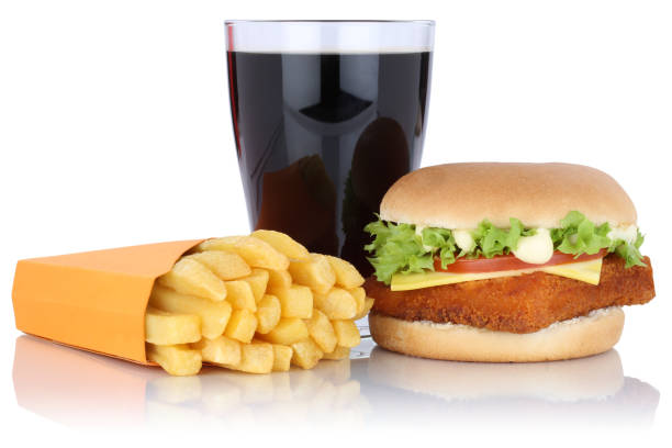 istock Fish burger fishburger hamburger and fries menu cola drink isolated 645264320