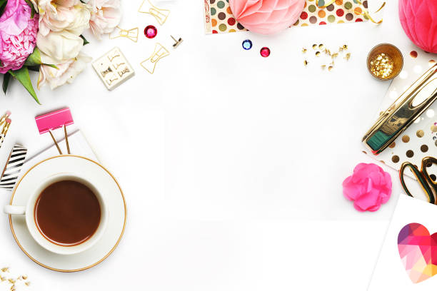 istock Woman desktop elegant. Coffee cup and items on the table. Mock-up for artwork .View from above. Flat lay. 645273156