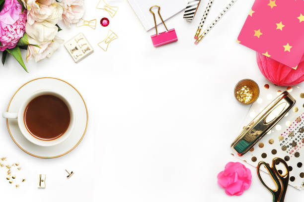 istock Woman desktop elegant. Coffee cup and items on the table. Mock-up for artwork .View from above. Flat lay. 645273192